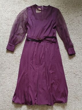 Vintage Plum Long Sleeve Midi Dress with Sheer Sleeves